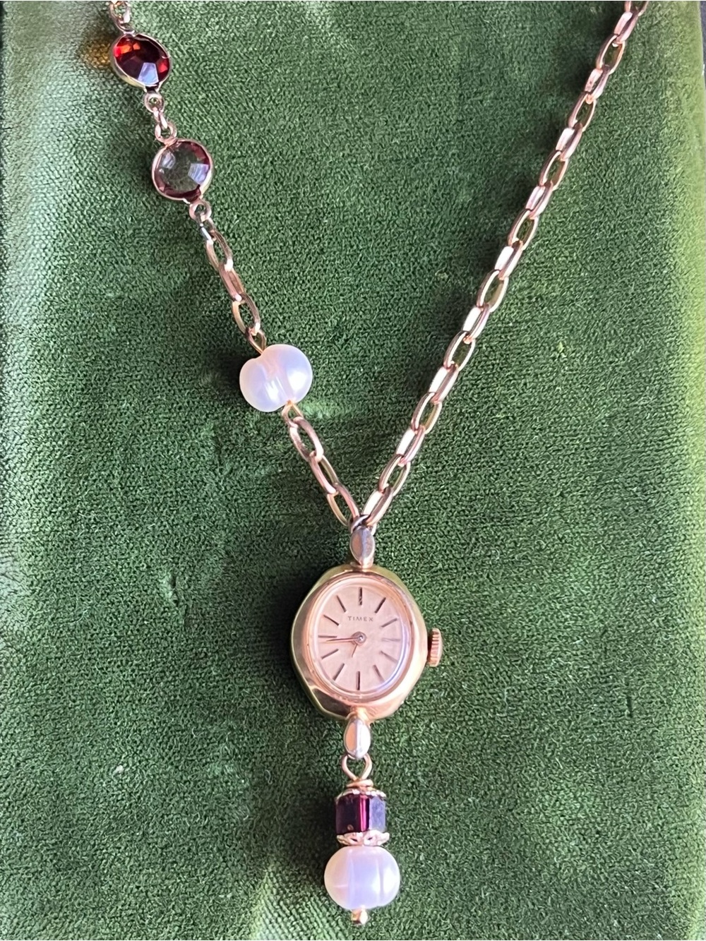 Beautiful Up-Cycled Timex Watch Necklace with Dainty Czech Bead Dangle Accents